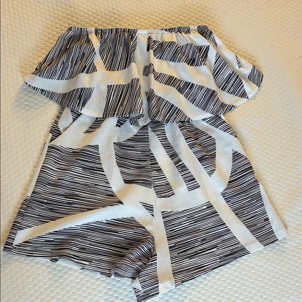 Black and White Striped Off-Shoulder Romper